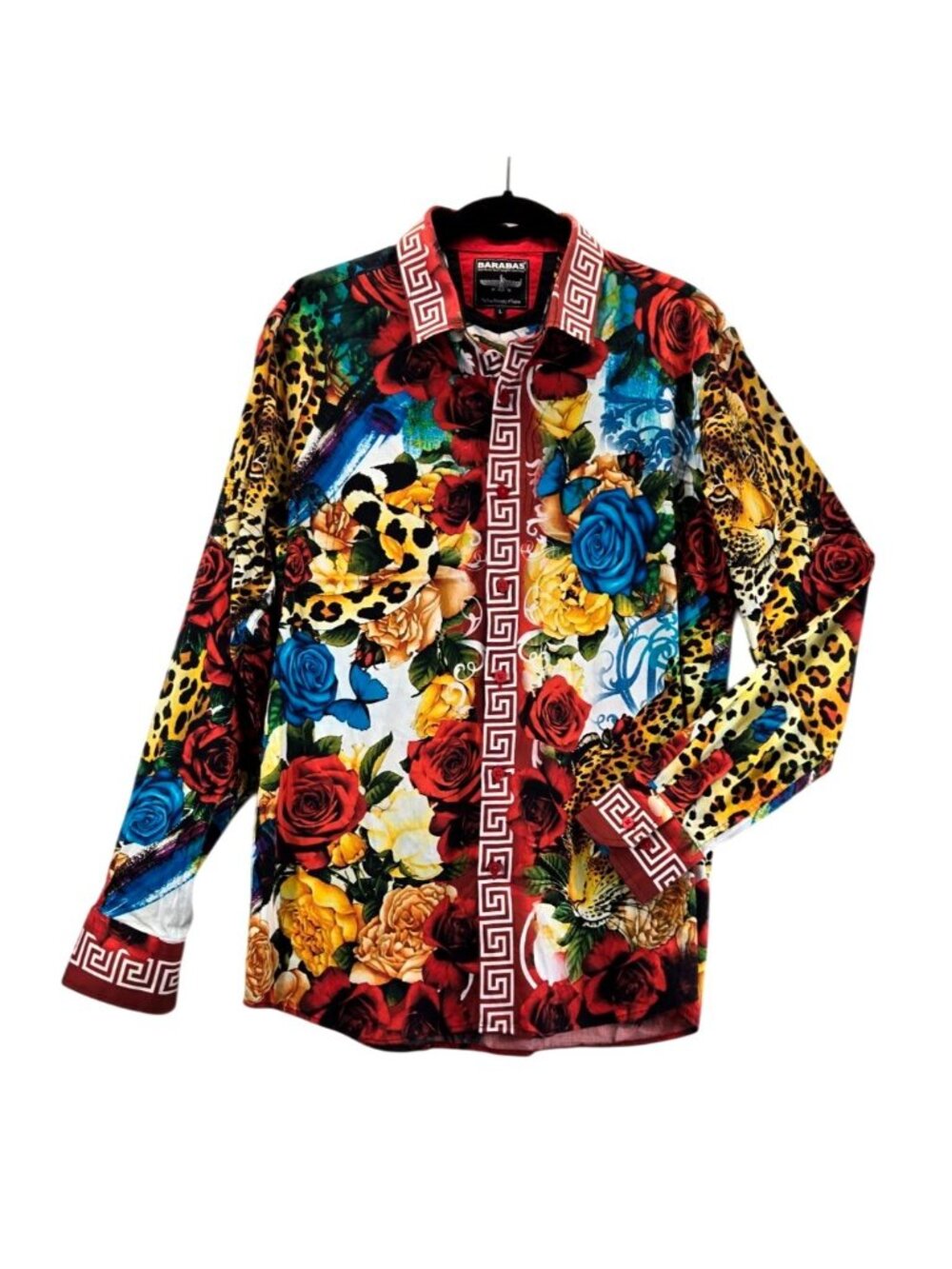 Barabas Roses & Thorns Men Shirt L Leopard Baroque Greek Key Trim Roses Clubwear